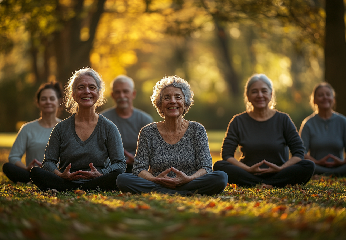 Група людей займається йогою